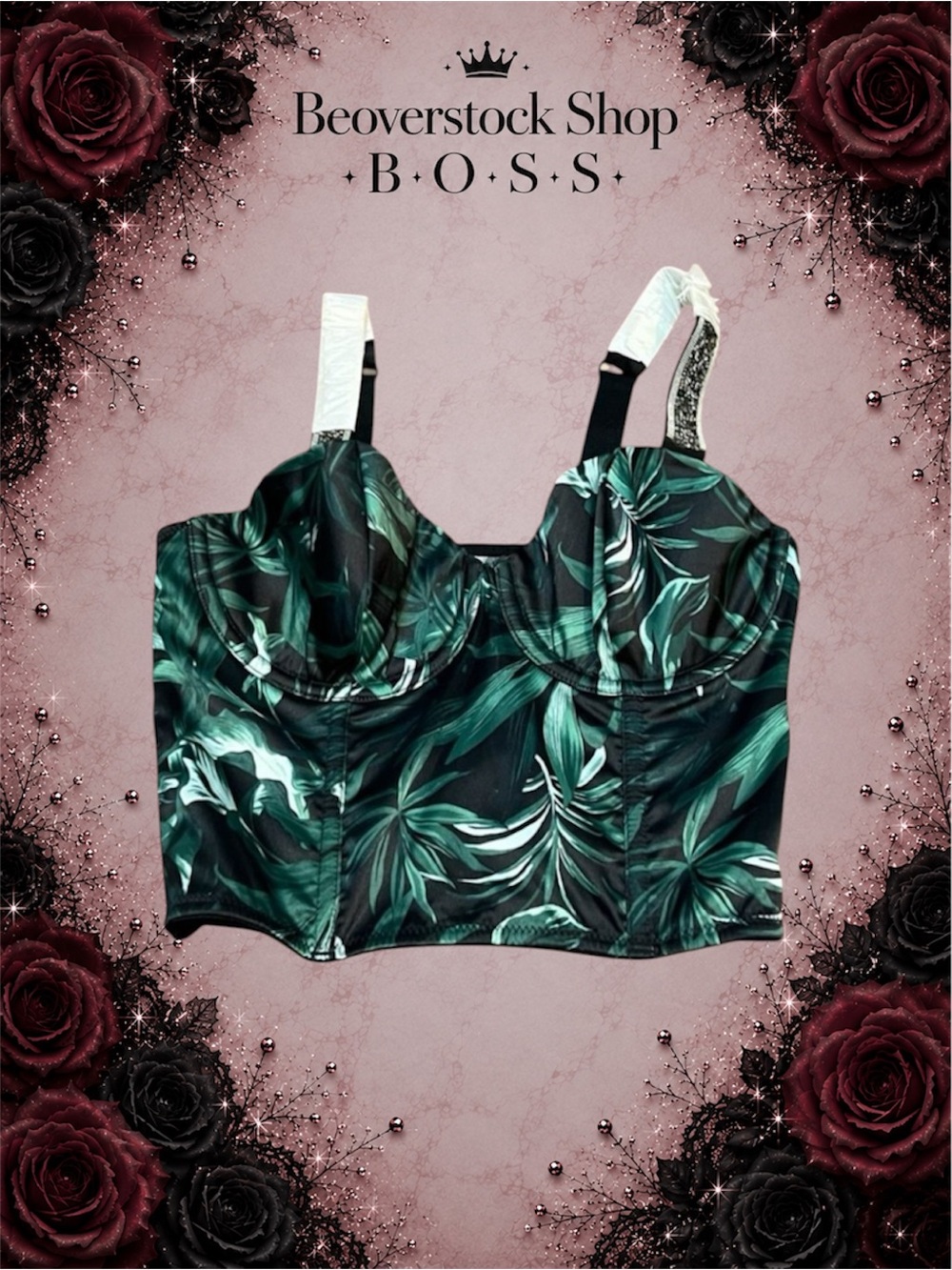 Victoria Secret Green Floral Design Corset Bra Lingerie Rhinestone Straps